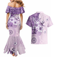 Hawaii Tapa Pattern With Violet Hibiscus Couples Matching Mermaid Dress and Hawaiian Shirt