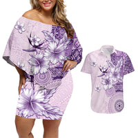 Hawaii Tapa Pattern With Violet Hibiscus Couples Matching Off Shoulder Short Dress and Hawaiian Shirt