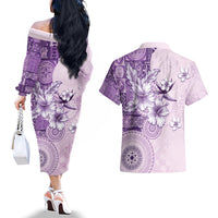 Hawaii Tapa Pattern With Violet Hibiscus Couples Matching Off The Shoulder Long Sleeve Dress and Hawaiian Shirt
