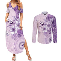 Hawaii Tapa Pattern With Violet Hibiscus Couples Matching Summer Maxi Dress and Long Sleeve Button Shirt