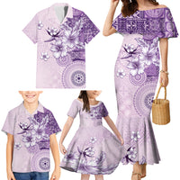 Hawaii Tapa Pattern With Violet Hibiscus Family Matching Mermaid Dress and Hawaiian Shirt