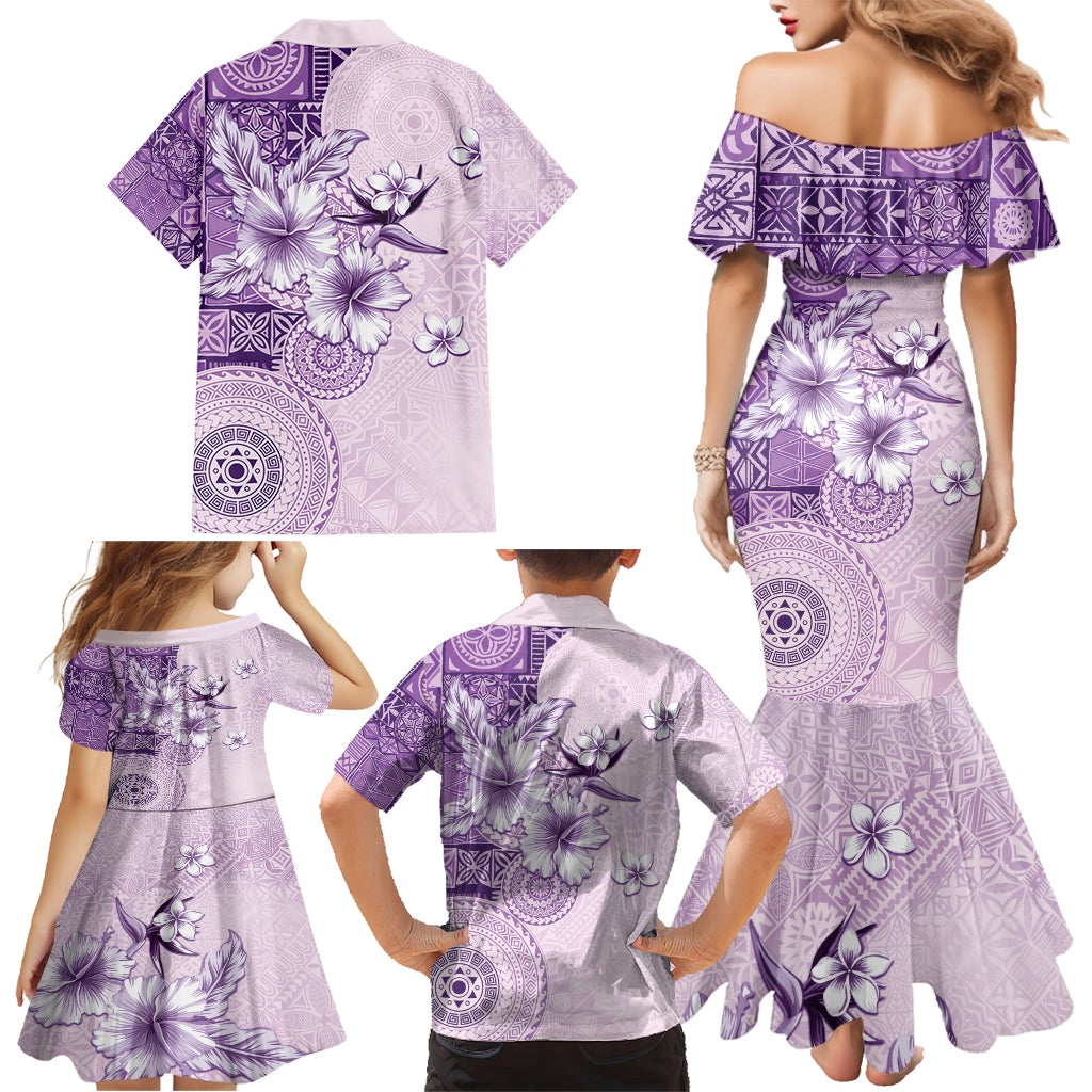 Hawaii Tapa Pattern With Violet Hibiscus Family Matching Mermaid Dress and Hawaiian Shirt