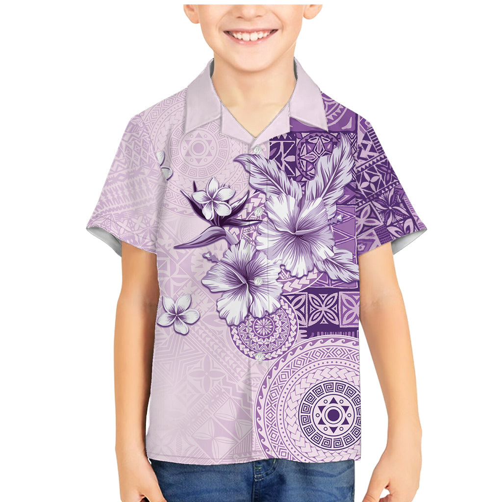 Hawaii Tapa Pattern With Violet Hibiscus Family Matching Mermaid Dress and Hawaiian Shirt