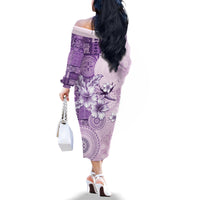 Hawaii Tapa Pattern With Violet Hibiscus Family Matching Off The Shoulder Long Sleeve Dress and Hawaiian Shirt