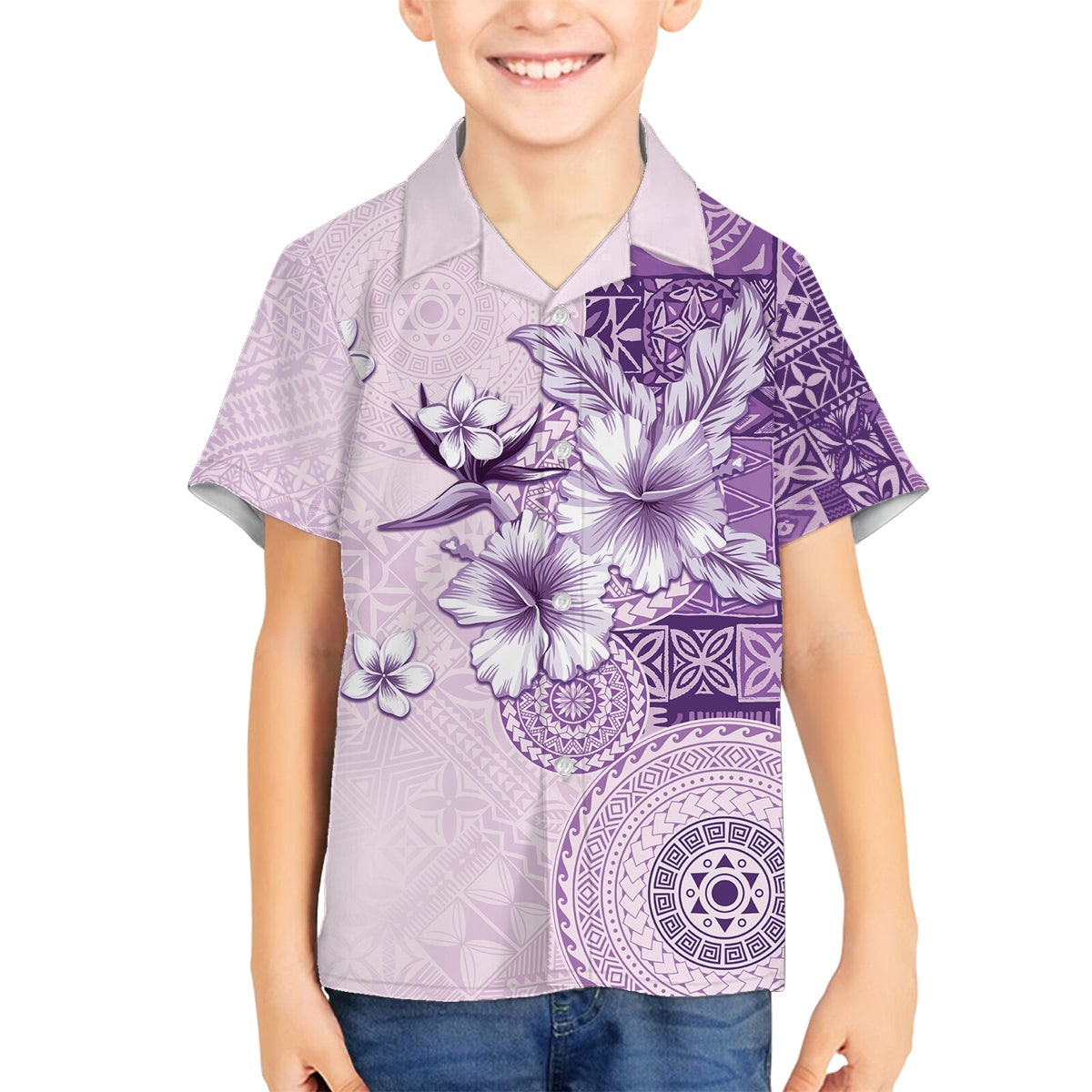 Hawaii Tapa Pattern With Violet Hibiscus Family Matching Puletasi and Hawaiian Shirt
