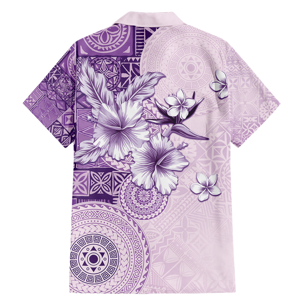 Hawaii Tapa Pattern With Violet Hibiscus Family Matching Summer Maxi Dress and Hawaiian Shirt
