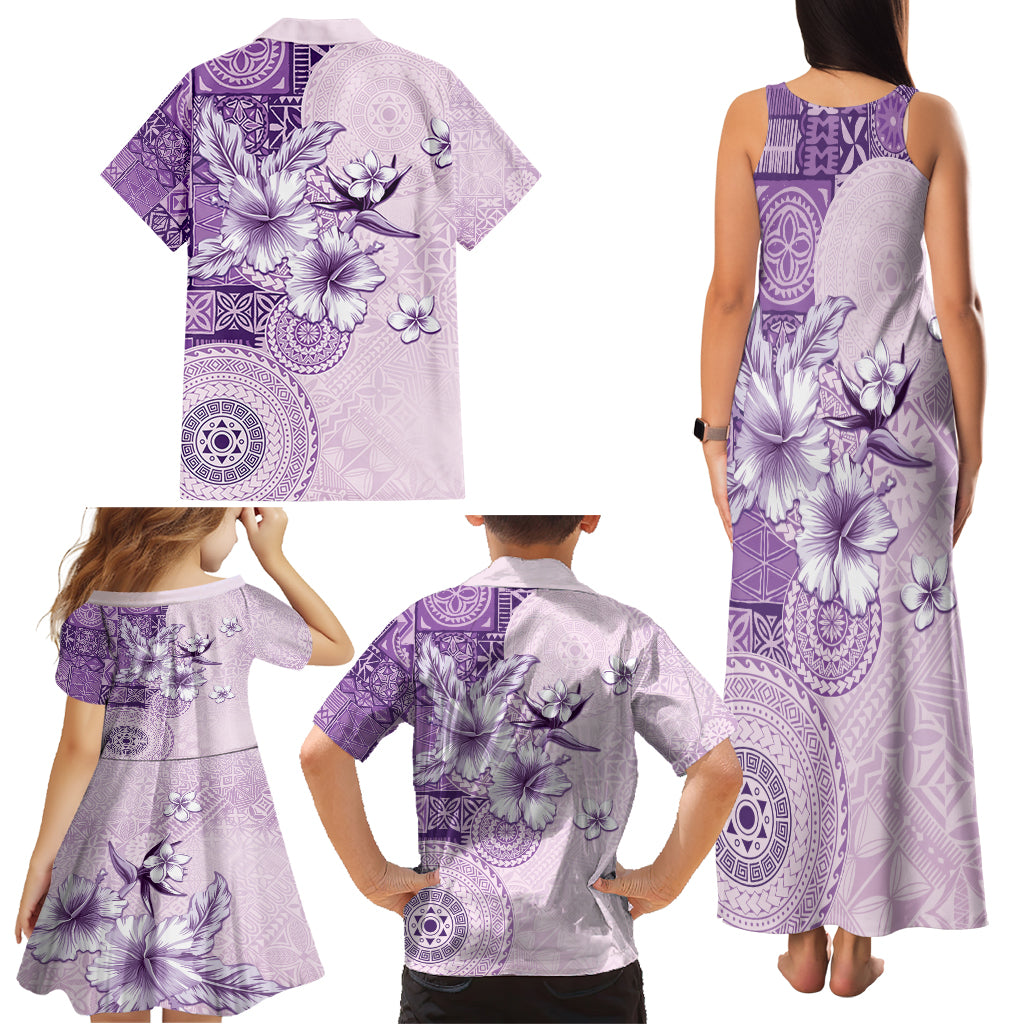 Hawaii Tapa Pattern With Violet Hibiscus Family Matching Tank Maxi Dress and Hawaiian Shirt