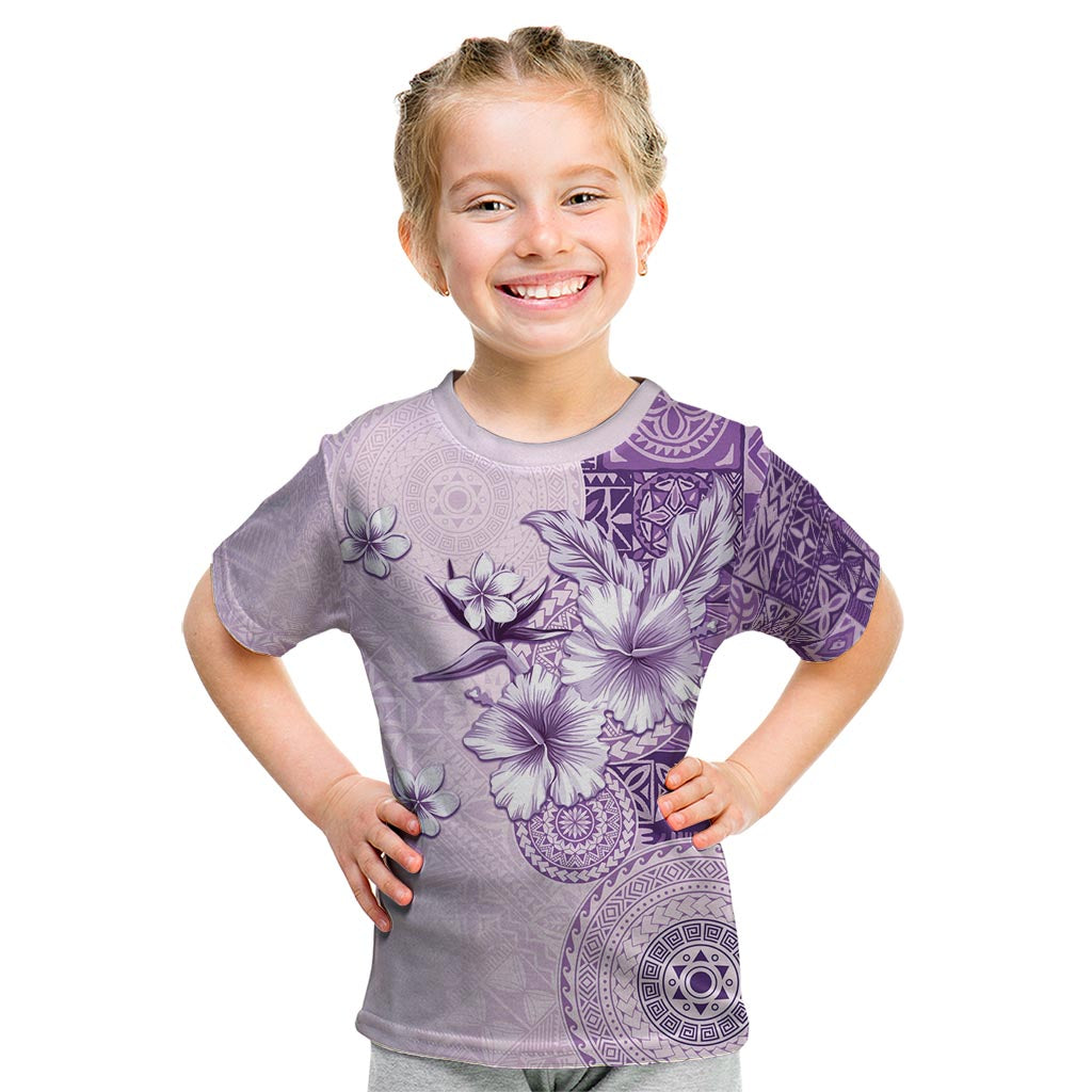Hawaii Tapa Pattern With Violet Hibiscus Kid T Shirt LT05 Violet - Polynesian Pride