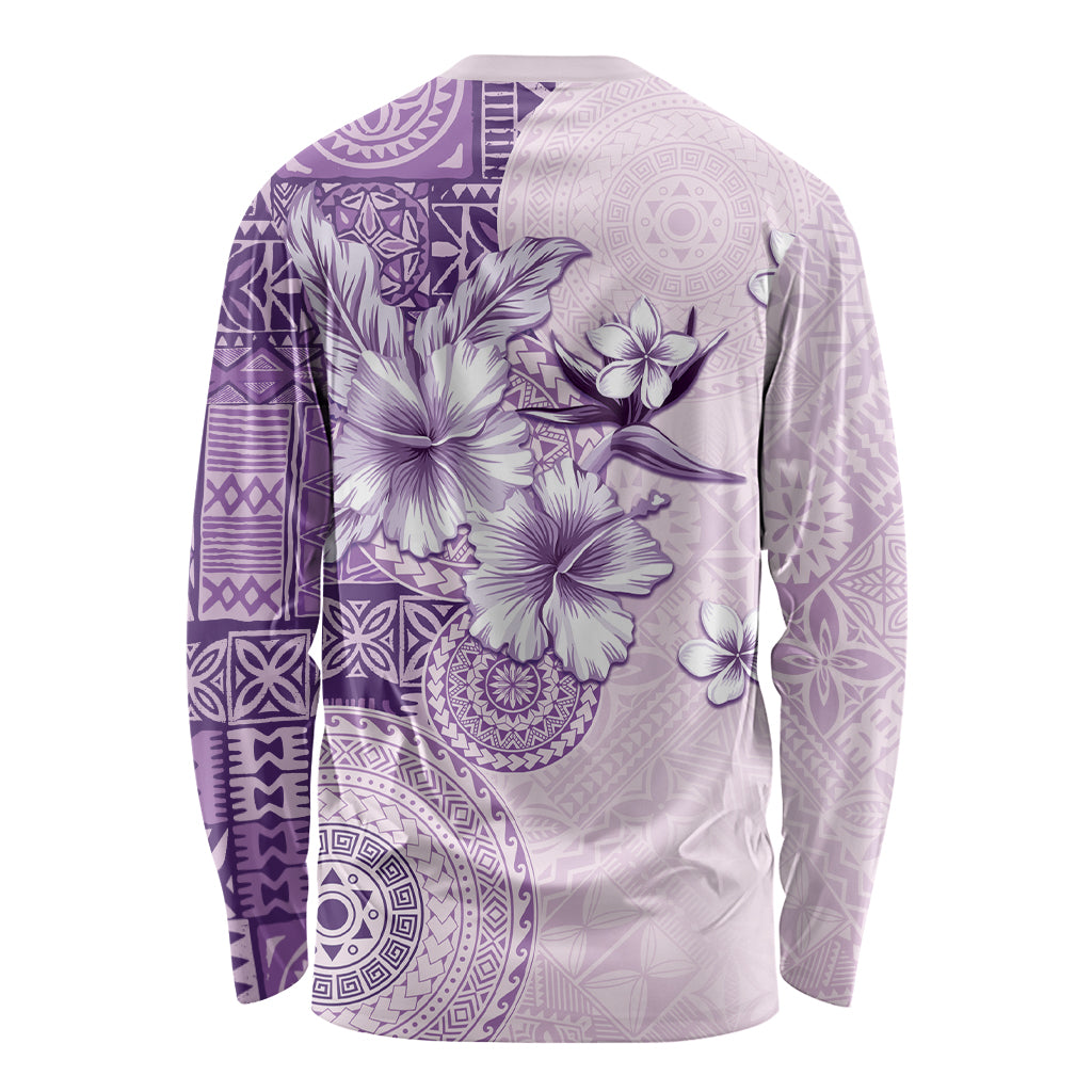 Hawaii Tapa Pattern With Violet Hibiscus Long Sleeve Shirt