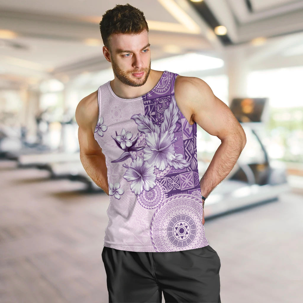 Hawaii Tapa Pattern With Violet Hibiscus Men Tank Top