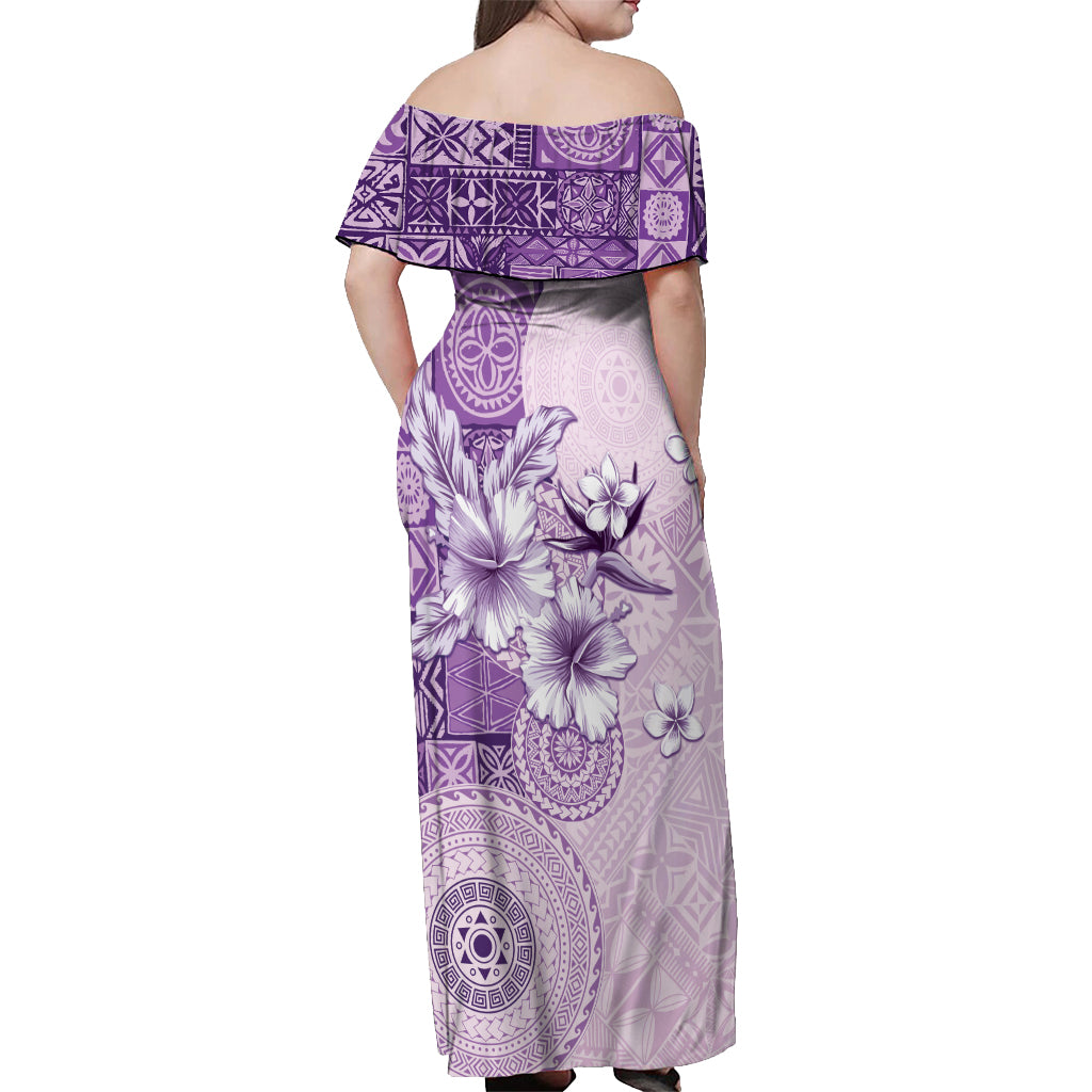 Hawaii Tapa Pattern With Violet Hibiscus Off Shoulder Maxi Dress