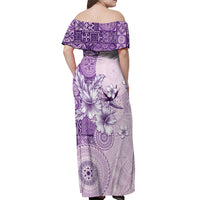 Hawaii Tapa Pattern With Violet Hibiscus Off Shoulder Maxi Dress