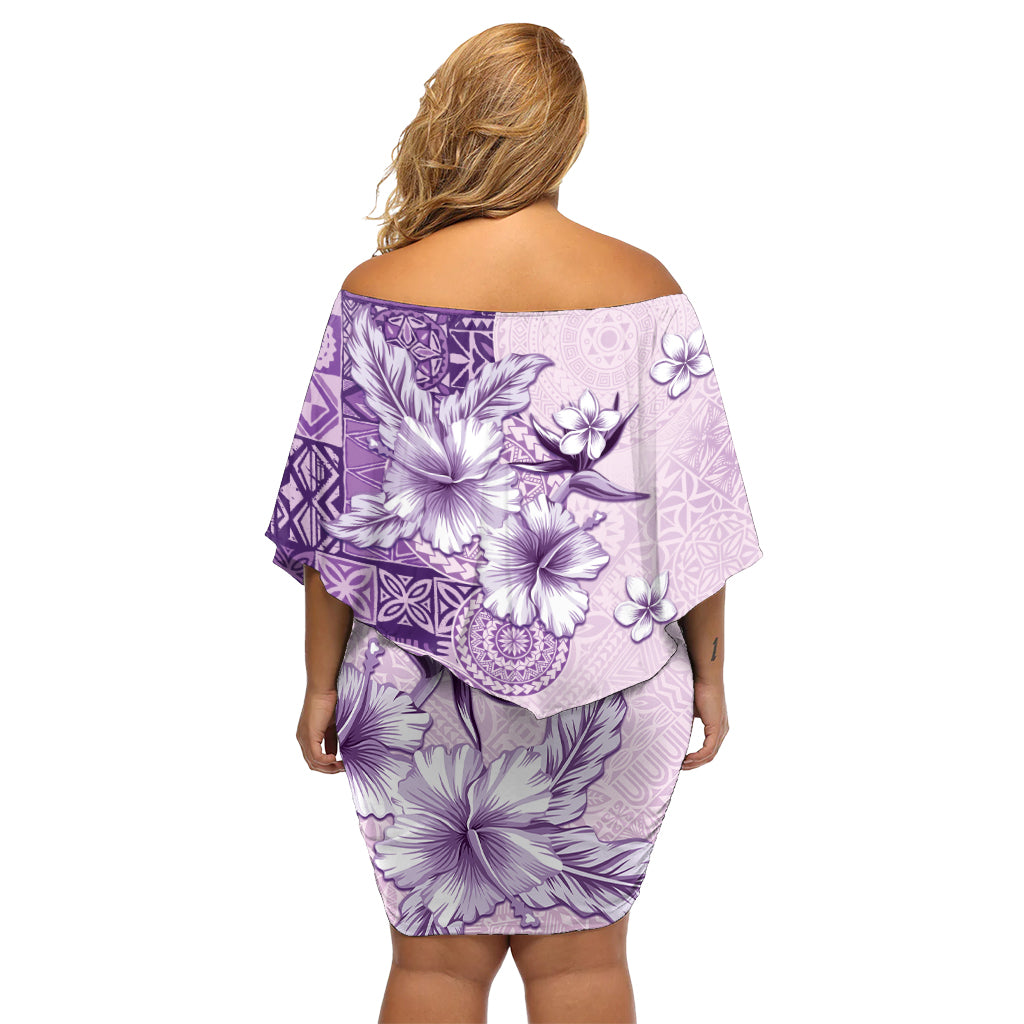 Hawaii Tapa Pattern With Violet Hibiscus Off Shoulder Short Dress