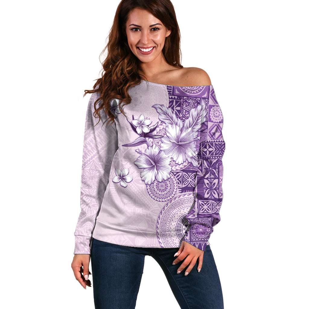 Hawaii Tapa Pattern With Violet Hibiscus Off Shoulder Sweater