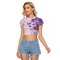 Hawaii Tapa Pattern With Violet Hibiscus Raglan Cropped T Shirt LT05 Female Violet - Polynesian Pride