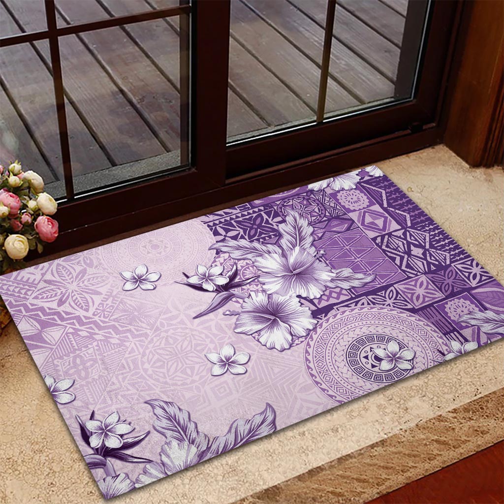 Hawaii Tapa Pattern With Violet Hibiscus Rubber Doormat
