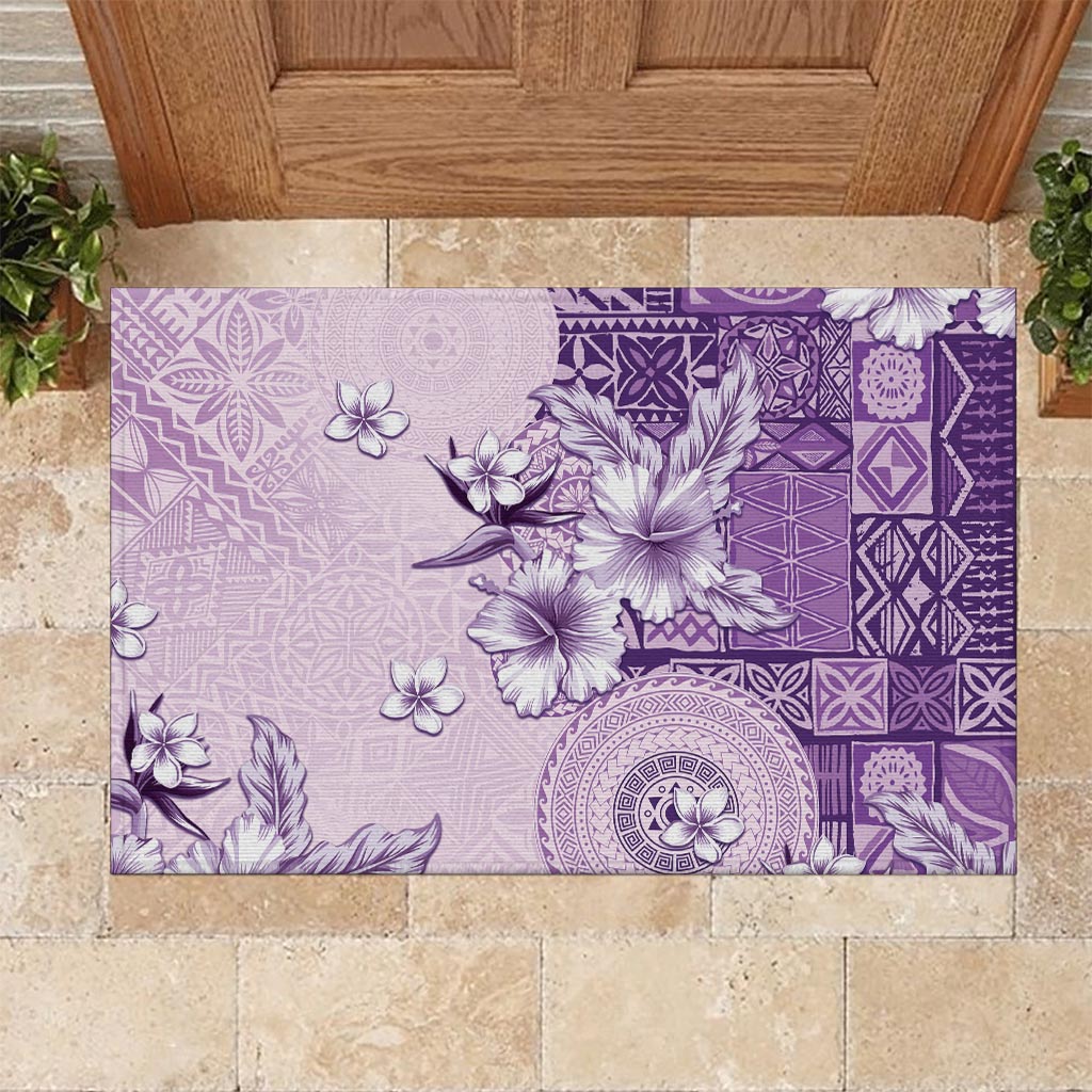 Hawaii Tapa Pattern With Violet Hibiscus Rubber Doormat