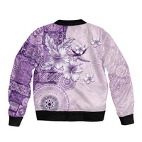 Hawaii Tapa Pattern With Violet Hibiscus Sleeve Zip Bomber Jacket