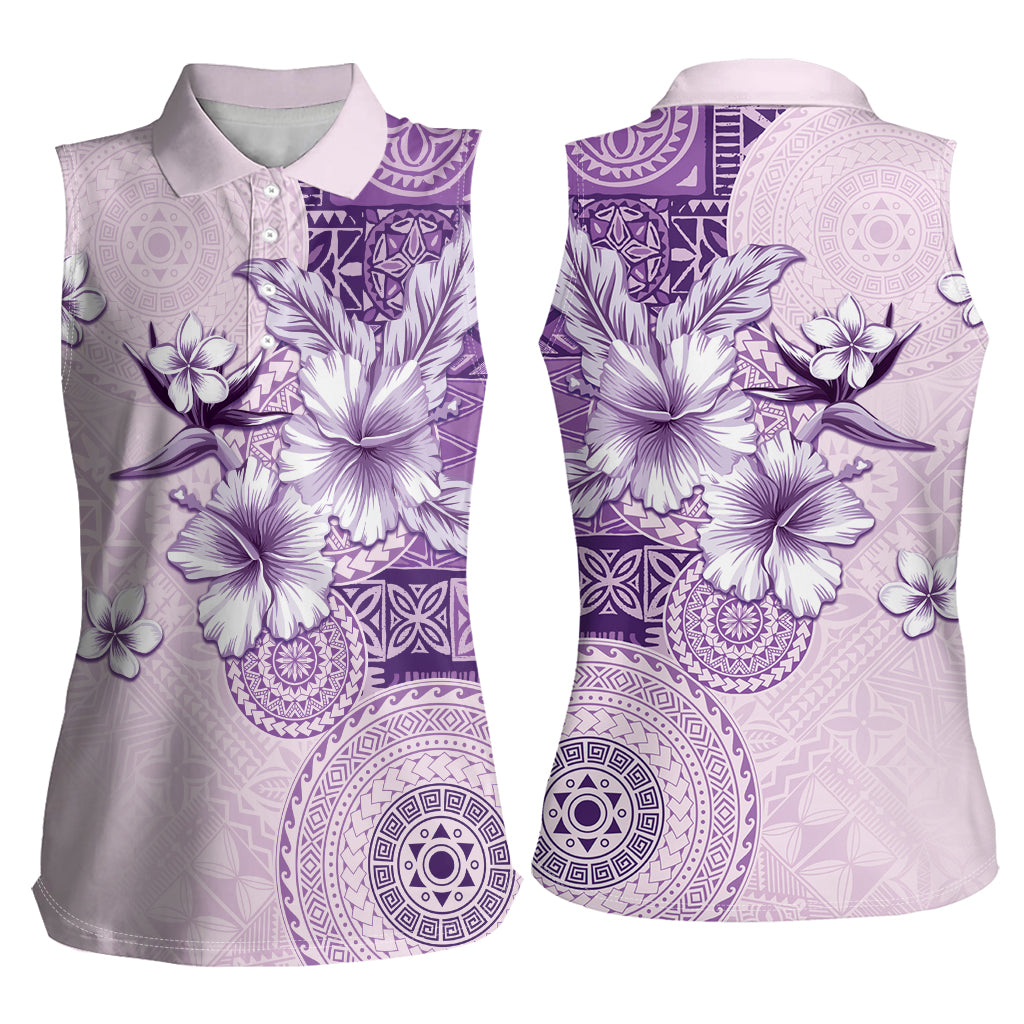 Hawaii Tapa Pattern With Violet Hibiscus Women Sleeveless Polo Shirt LT05 - Polynesian Pride