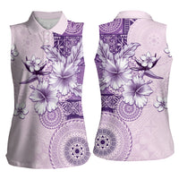Hawaii Tapa Pattern With Violet Hibiscus Women Sleeveless Polo Shirt LT05 - Polynesian Pride