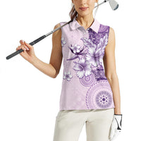 Hawaii Tapa Pattern With Violet Hibiscus Women Sleeveless Polo Shirt LT05 - Polynesian Pride