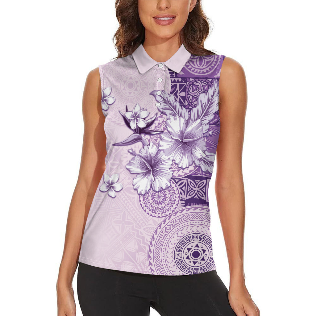 Hawaii Tapa Pattern With Violet Hibiscus Women Sleeveless Polo Shirt LT05 - Polynesian Pride