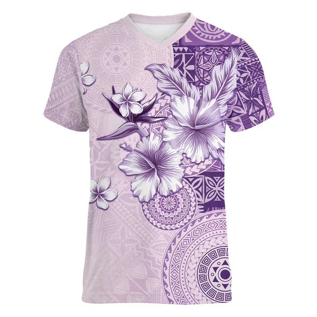 Hawaii Tapa Pattern With Violet Hibiscus Women V-Neck T-Shirt LT05 Female Violet - Polynesian Pride