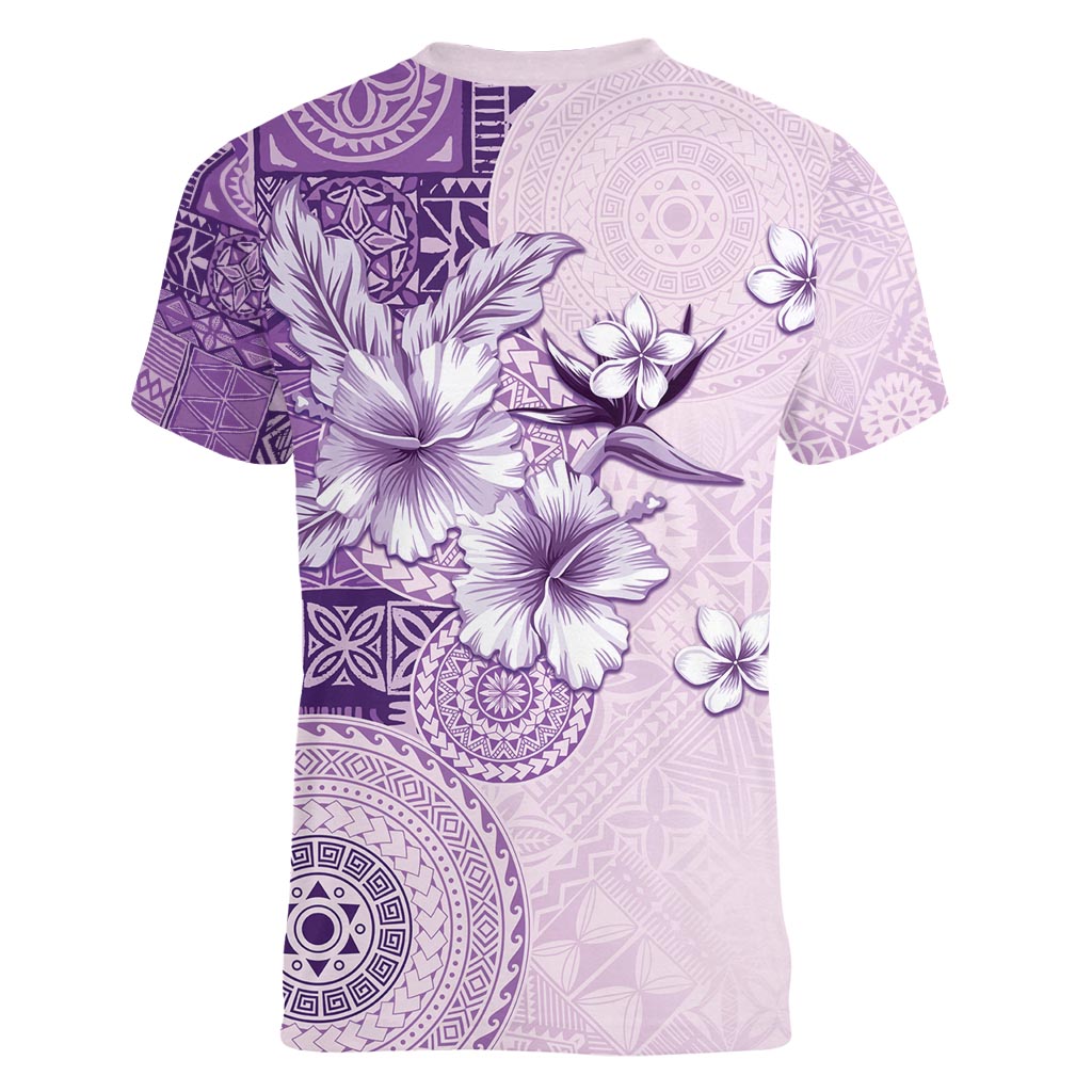Hawaii Tapa Pattern With Violet Hibiscus Women V-Neck T-Shirt LT05 - Polynesian Pride