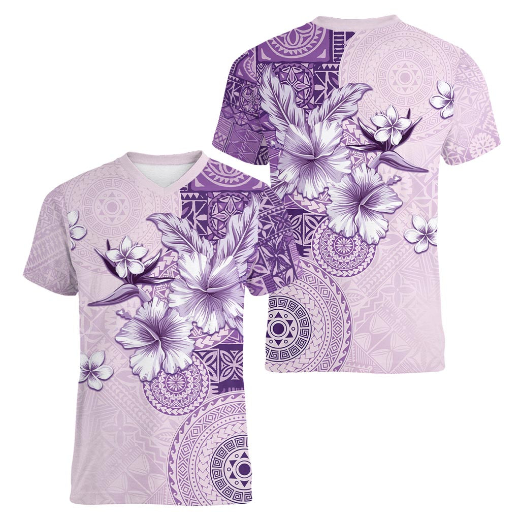 Hawaii Tapa Pattern With Violet Hibiscus Women V-Neck T-Shirt LT05 - Polynesian Pride