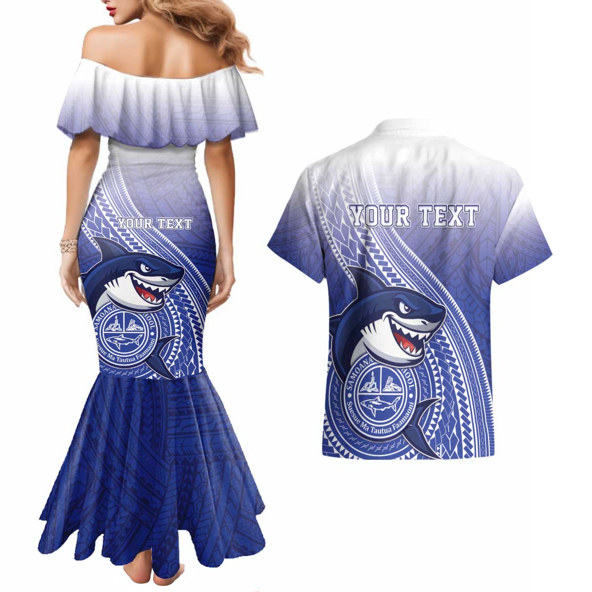 Personalized Samoana High School Couples Matching Mermaid Dress and Hawaiian Shirt Polynesian Tribal Shark