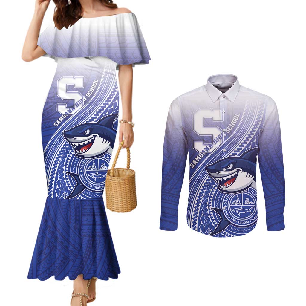 Personalized Samoana High School Couples Matching Mermaid Dress and Long Sleeve Button Shirt Polynesian Tribal Shark