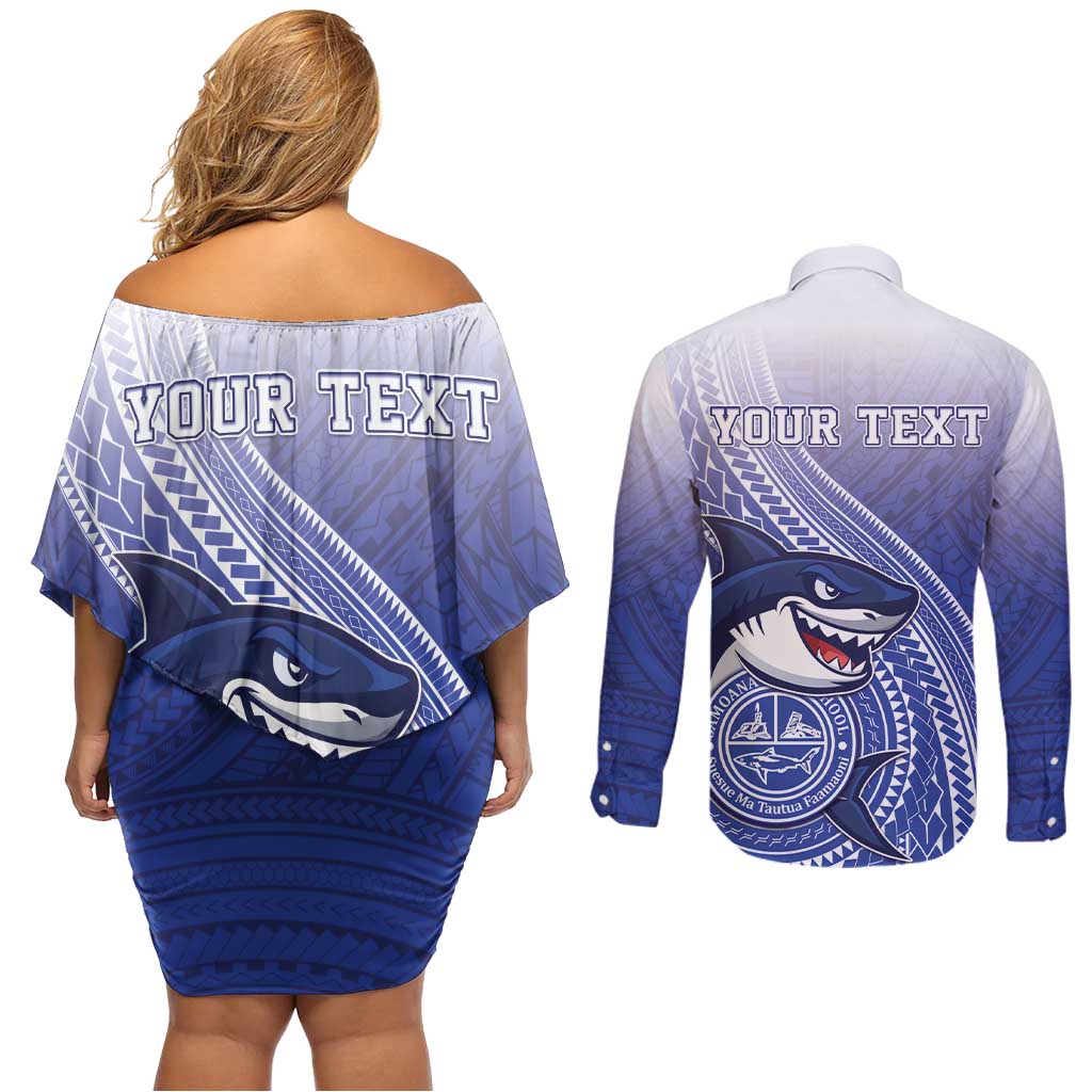 Personalized Samoana High School Couples Matching Off Shoulder Short Dress and Long Sleeve Button Shirt Polynesian Tribal Shark