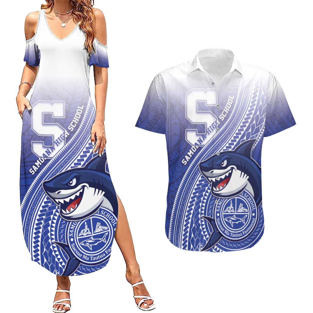Personalized Samoana High School Couples Matching Summer Maxi Dress and Hawaiian Shirt Polynesian Tribal Shark