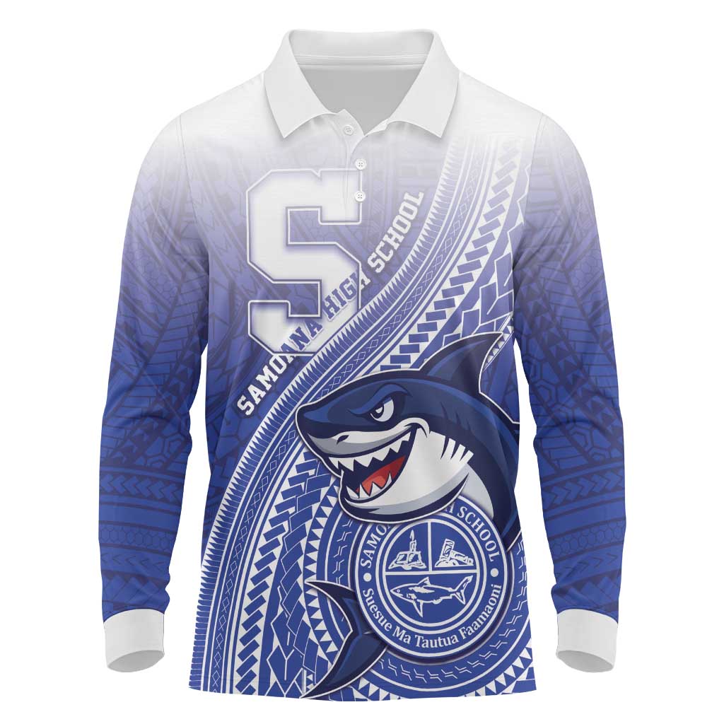 Personalized Samoana High School Long Sleeve Polo Shirt Polynesian Tribal Shark