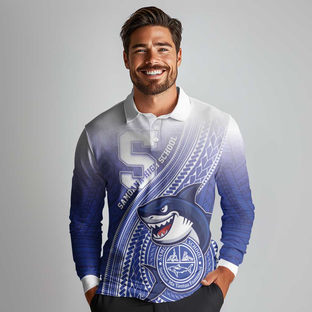 Personalized Samoana High School Long Sleeve Polo Shirt Polynesian Tribal Shark