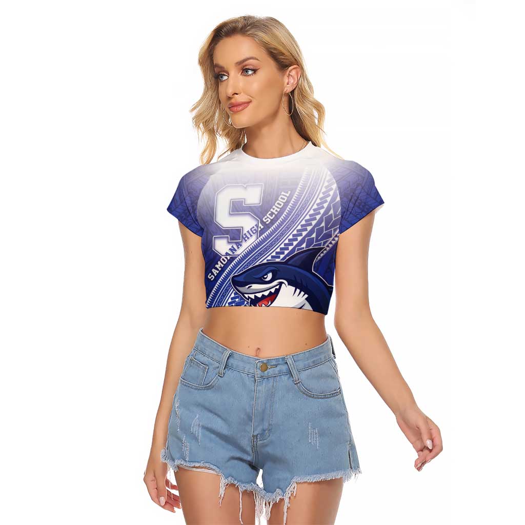 Personalized Samoana High School Raglan Cropped T Shirt Polynesian Tribal Shark