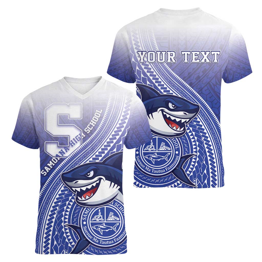 Personalized Samoana High School Women V-Neck T-Shirt Polynesian Tribal Shark