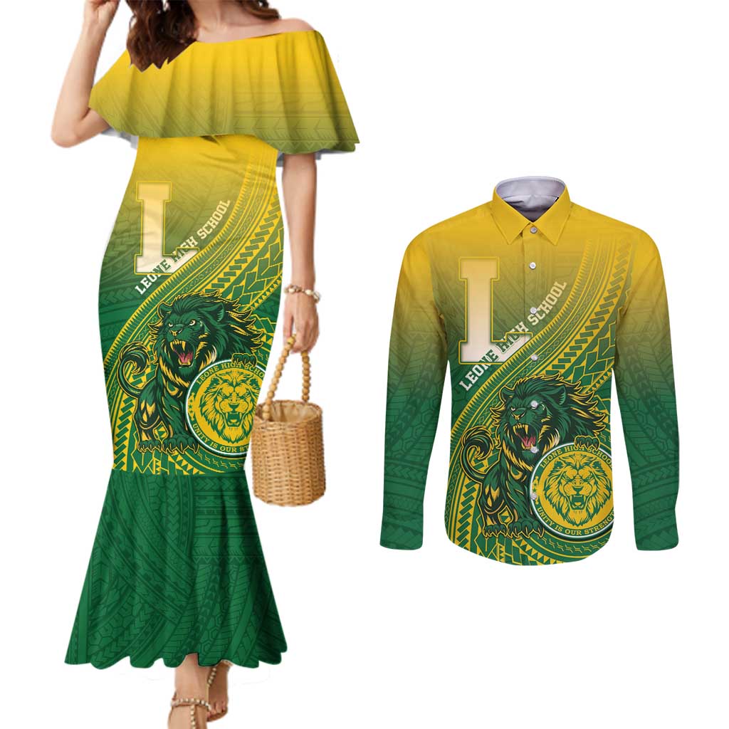 Personalized Leone High School Couples Matching Mermaid Dress and Long Sleeve Button Shirt Leone Lion LT05 Green - Polynesian Pride