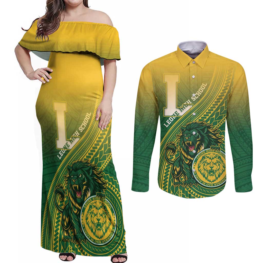 Personalized Leone High School Couples Matching Off Shoulder Maxi Dress and Long Sleeve Button Shirt Leone Lion LT05 Green - Polynesian Pride