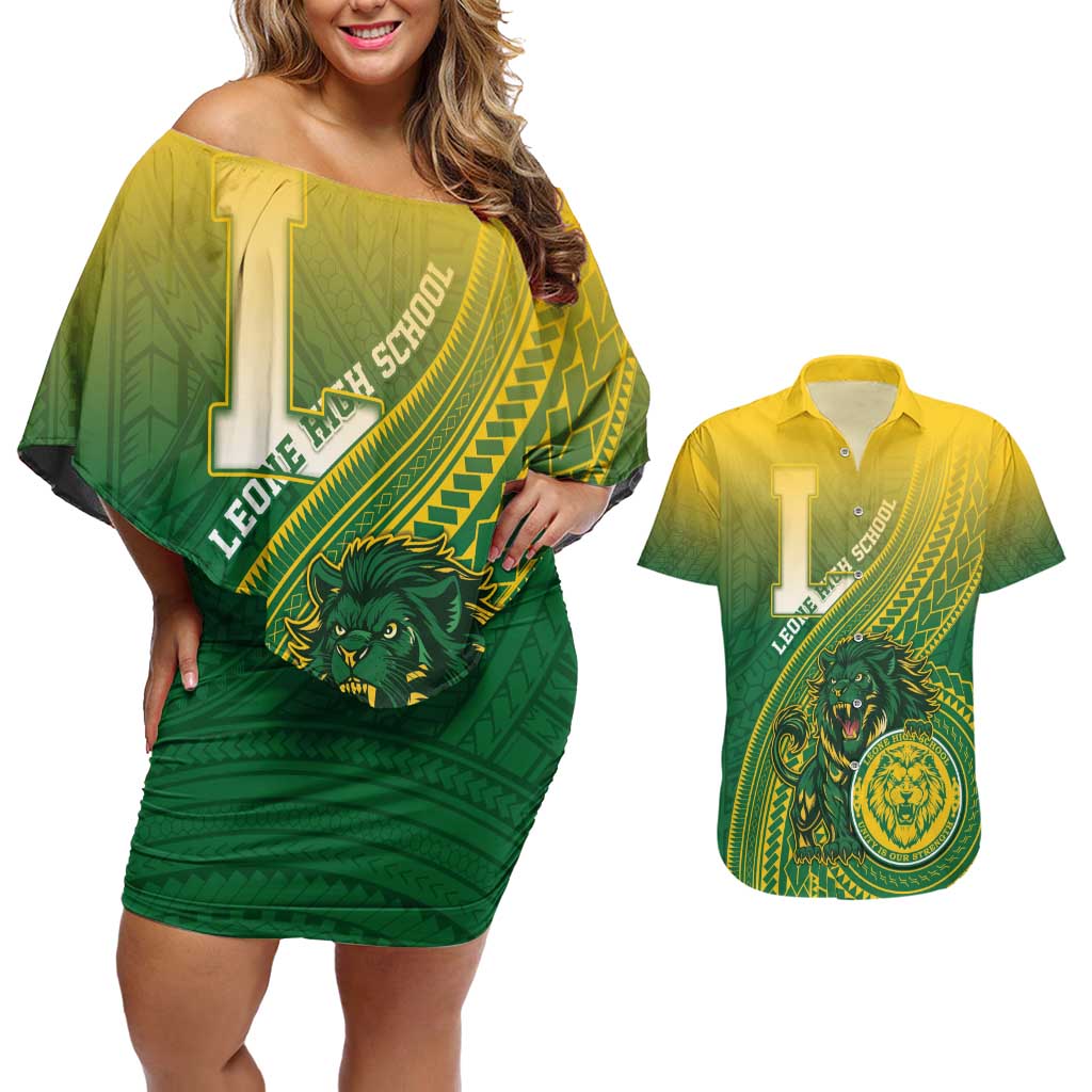 Personalized Leone High School Couples Matching Off Shoulder Short Dress and Hawaiian Shirt Leone Lion LT05 Green - Polynesian Pride