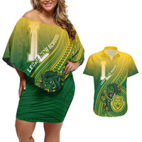 Personalized Leone High School Couples Matching Off Shoulder Short Dress and Hawaiian Shirt Leone Lion LT05 Green - Polynesian Pride