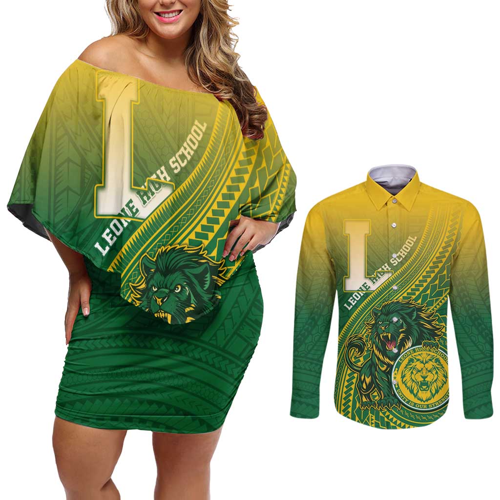 Personalized Leone High School Couples Matching Off Shoulder Short Dress and Long Sleeve Button Shirt Leone Lion LT05 Green - Polynesian Pride