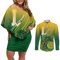 Personalized Leone High School Couples Matching Off Shoulder Short Dress and Long Sleeve Button Shirt Leone Lion LT05 Green - Polynesian Pride