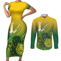 Personalized Leone High School Couples Matching Short Sleeve Bodycon Dress and Long Sleeve Button Shirt Leone Lion LT05 Green - Polynesian Pride