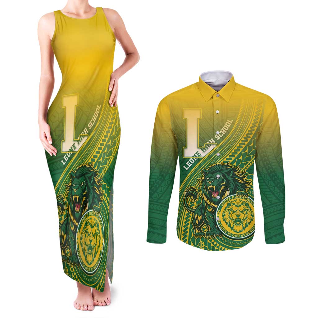 Personalized Leone High School Couples Matching Tank Maxi Dress and Long Sleeve Button Shirt Leone Lion LT05 Green - Polynesian Pride