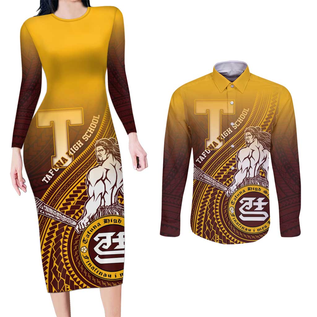 Personalized Tafuna High School Couples Matching Long Sleeve Bodycon Dress and Long Sleeve Button Shirt Polynesian Warrior LT05 Maroon - Polynesian Pride