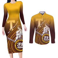 Personalized Tafuna High School Couples Matching Long Sleeve Bodycon Dress and Long Sleeve Button Shirt Polynesian Warrior LT05 Maroon - Polynesian Pride