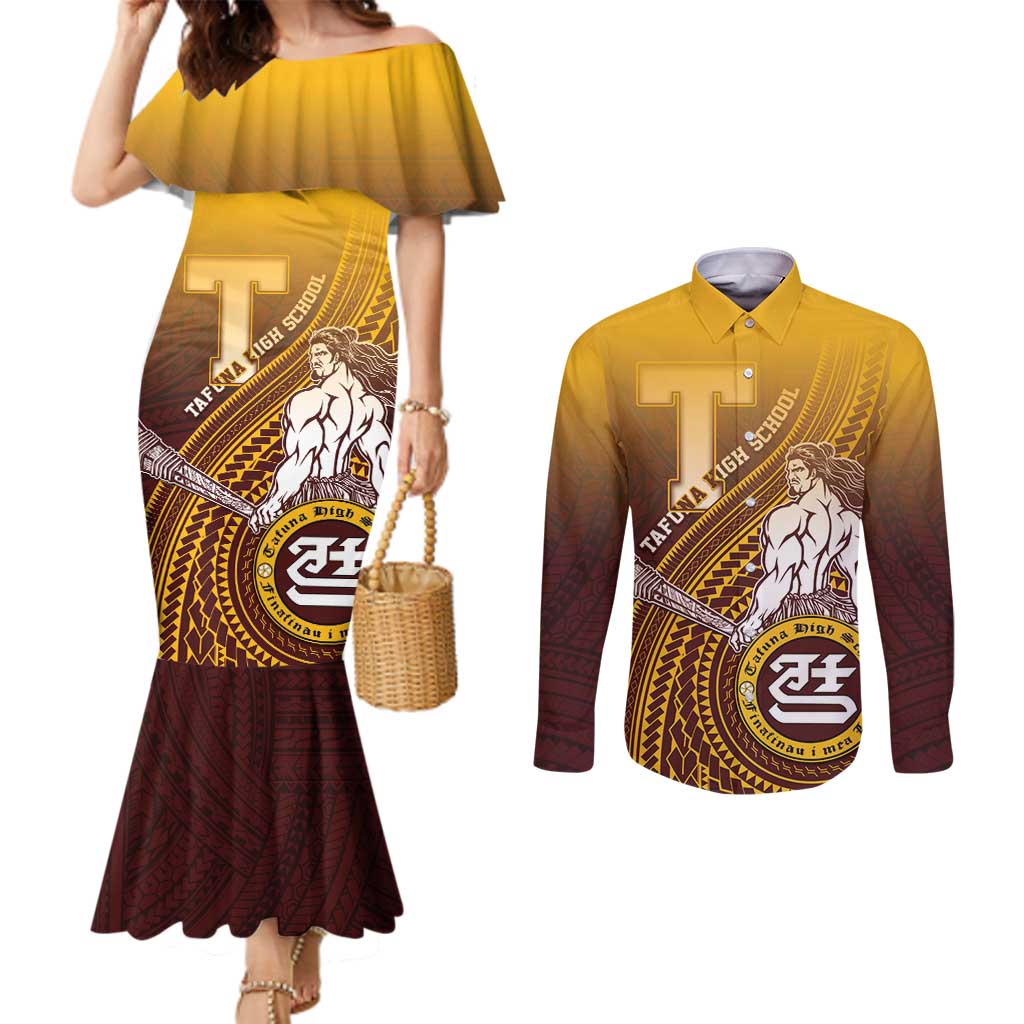 Personalized Tafuna High School Couples Matching Mermaid Dress and Long Sleeve Button Shirt Polynesian Warrior LT05 Maroon - Polynesian Pride