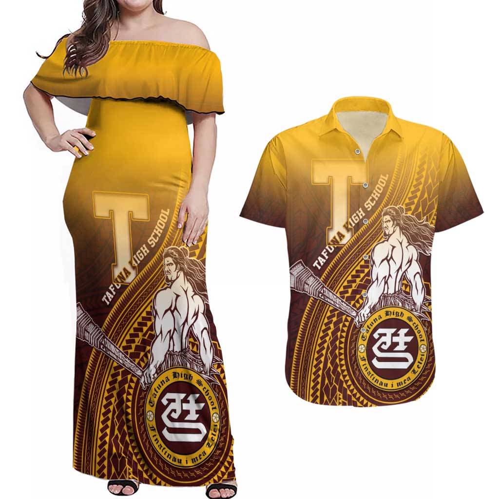 Personalized Tafuna High School Couples Matching Off Shoulder Maxi Dress and Hawaiian Shirt Polynesian Warrior LT05 Maroon - Polynesian Pride