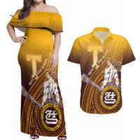 Personalized Tafuna High School Couples Matching Off Shoulder Maxi Dress and Hawaiian Shirt Polynesian Warrior LT05 Maroon - Polynesian Pride